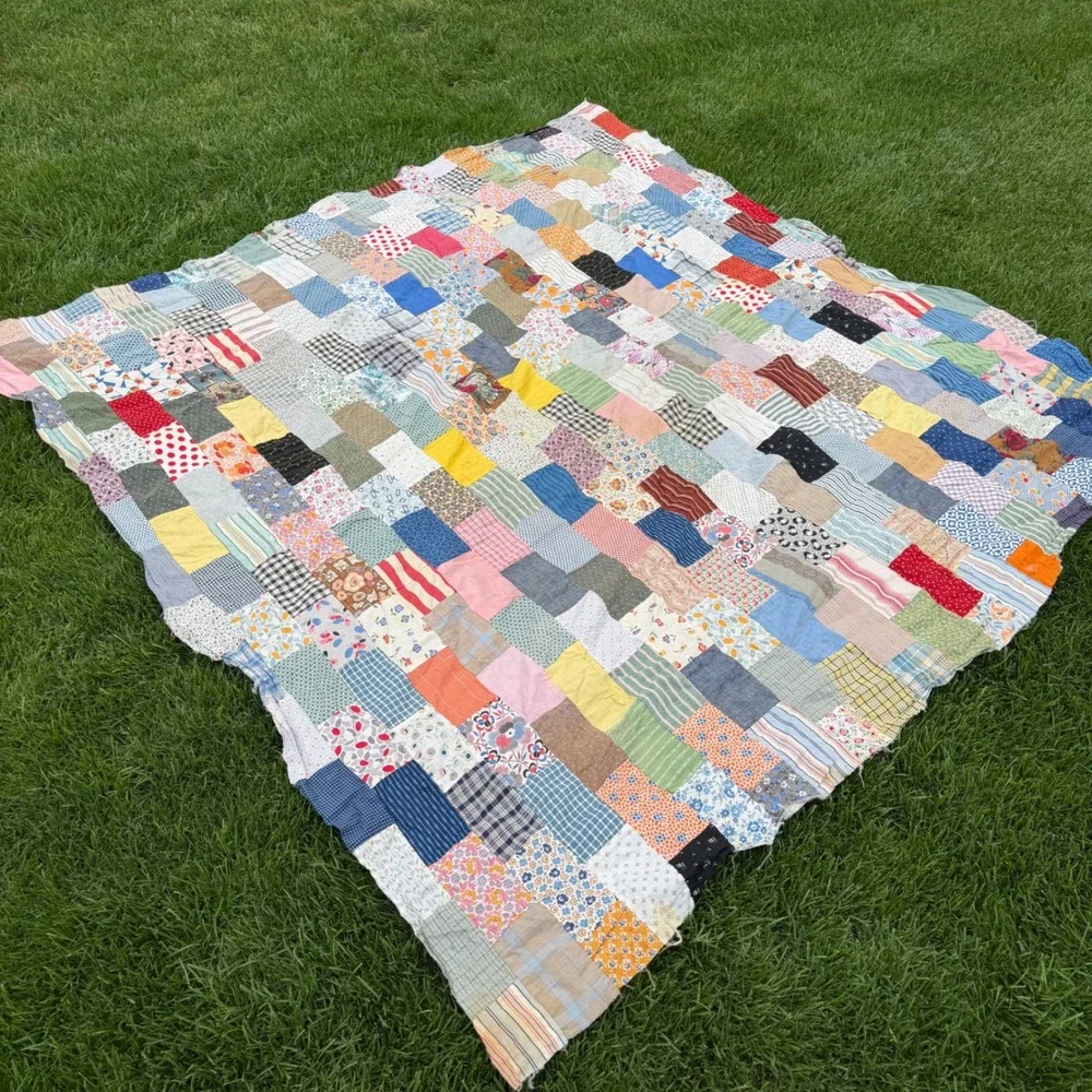 Vintage Handmade Patchwork Quilt Scrap Fabric Multi Color Boho Folk Art 75x68